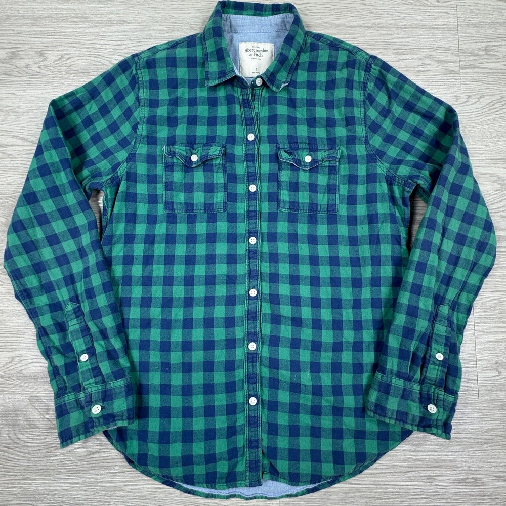 Abercrombie & Fitch Mens Flannel Shirt Green Blue‎ Plaid Small Long Sleeve